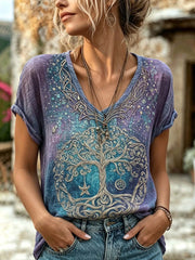 Women's retro viking style pattern printed casual cotton and linen shirt