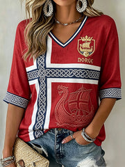 Women's Norway Football Inspired Celtic Print Mid-length Sleeves V-Neck T-Shirt