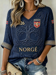 Women's Viking Tree Of Life Print Norway Football Inspired Mid-length Sleeves V-Neck T-Shirt