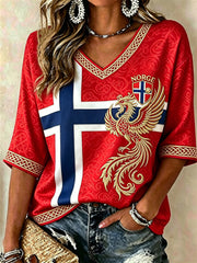 Women's Norway Football Viking Phoenix Celtic Knot Flag Print Mid-length Sleeves V-Neck T-Shirt