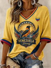 Women's Troupial Venezuela Strong Printed Mid-length Sleeves V-neck T-shirt