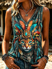 Women's Vintage Western Cat Ethnic Feathers Art Print V Neck Tank Top