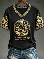Women's YEAR OF THE FIRE HORSE V-neck off-shoulder short-sleeved T-shirt