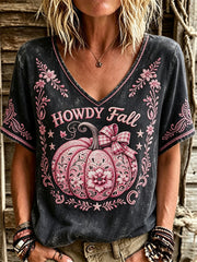 Women's Western Howdy Fall Pink Pumpkin Vintage Floral Print linen short-sleeved T-shirt
