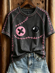 Women's Pink Stitches Monster Face Print short sleeve T-shirt