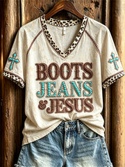 Women's Vintage Boots Jeans & Jesus Western Cross Leopard Print short-sleeved T-shirt