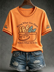 Women's Jesus 2 Fishes 5 Breads 5000 Chosen Against The Current Print Casual Tee