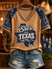 Women's She's From Texas I Can Tell Print Casual V-Neck Tee