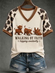 Women's WalkingG By Faith Tripping Constantly Highland Cattle V-neck Off-shoulder Short-sleeved T-shirt