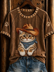 Women's Retro Western Cowboy Cat Short Sleeve T-shirt