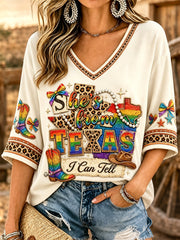 Women's She's From Texas I Can Tell Print Casual V-Neck Tee