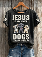 Women's Jesus is My Savior Dogs Are My Therapy Print short-sleeved T-shirt