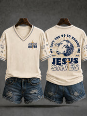 Women's Jesus Saves Christian Lamb V-neck Short Sleeve T-shirt