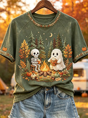 Women's Halloween Ghost & Skeleton Fall Camping Forest Print short sleeve T-shirt