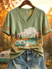 Women's Halloween Ghost RV Camping Fall Landscape Print short sleeve T-shirt