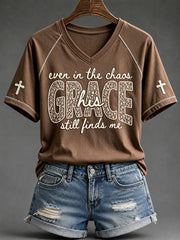 Women's His Grace Still Finds Me Christian Faith Floral Print V-neck Short-sleeved T-shirt