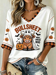 Women's Halloween Theme Pattern Printed Casual Mid-length Sleeves V-Neck T-Shirt