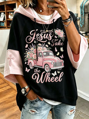Women's faith-themed fun slogan pattern printed casual short-sleeve hoodie