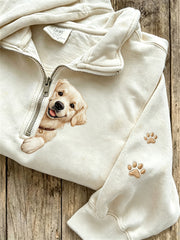 Women's cute little dog pattern printed casual half zipper sweatshirt