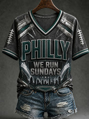 Women's Football Philly WE RUN SUNDAYS Printed V-neck T-shirt