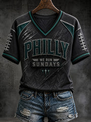 Women's Football Philly WE RUN SUNDAYS Printed V-neck T-shirt