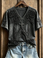 Women's Classy Gothic Cross & Church Black Roses Art Print short-sleeved T-shirt