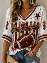 Women's Football Gameday Gift For Football Fans Mid-length Sleeves V-Neck T-Shirt