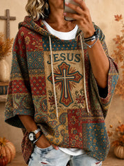 Women's Retro Christian Jesus Cross Drawstring Hoodie
