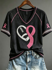 Women's Pink Ribbon Football Heart Glitter Print short-sleeved T-shirt