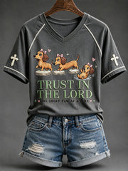Women's Trust in the Lord Funny Christian Dachshund Print V-neck Short-sleeved T-shirt