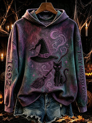 Women's Vintage 1692 They Missed One Witch Hat & Cat Print Cozy Hoodie