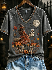 Women's Halloween Fall Shih Tzu Mom Witch & Dog Print short-sleeved T-shirt