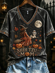 Women's Halloween Fall Shih Tzu Mom Witch & Dog Print short-sleeved T-shirt