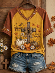 Women's Autumn Fall Lover I Will Praise Him Every Season Faith Printed T-shirt