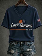 Women's Lake America Printed V-neck T-shirt