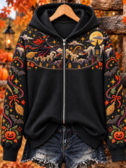 Women's Halloween Witch Cat Zip-Up Hoodie