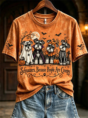 Women's Schnauzers Because People Are Creepy Halloween Dogs Print short-sleeved T-shirt