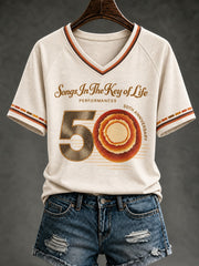 Women's 50 Years Of Songs In The Key Of Life Printed V-neck T-shirt