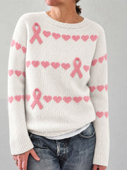 Women's Elegant Pink Ribbon Heart Print Cozy Sweater