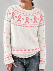 Women's Elegant Pink Ribbon Print Cozy Sweater