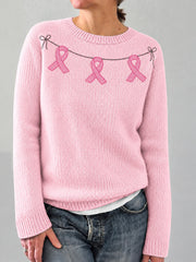 Women's Elegant Pink Ribbon Print Cozy Sweater