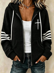 Women's Christian Art Cross Pattern Cozy Knit Hooded Cardigan