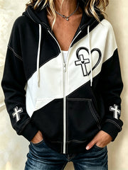 Women's faith-themed color-blocked design casual zip-up hoodie