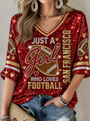 Women's San Francisco Football Lover Printed Mid-length Sleeves V-Neck T-Shirt