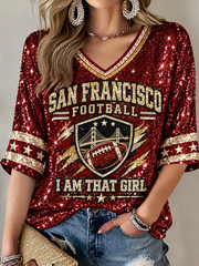 Women's San Francisco Football Lover Printed Mid-length Sleeves V-Neck T-Shirt