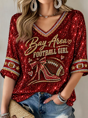 Women's San Francisco Football Lover Printed Mid-length Sleeves V-Neck T-Shirt