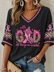 Women's Breast Cancer Pink Ribbon Faith Mid-length Sleeves V-Neck T-Shirt