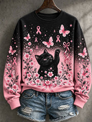 Women's Breast Cancer Awareness Cat Print Casual Sweatshirt