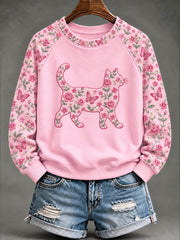 Women's Breast Cancer Cat Floral Print Casual Sweatshirt