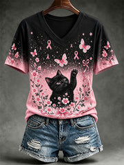 Women's Breast Cancer Awareness Cat Print Casual T-Shirt